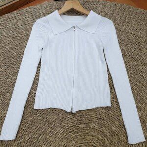 White Ribbed Knit Zip Up Collared Crop Top Fitted Long Sleeve Polo Sweater